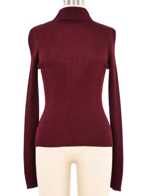 1980s Callaghan By Gianni Versace Burgundy and Black Metallic Turtleneck Top