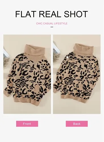 Aleumdr Womens Fashion Warm Turtleneck Long Sleeves Leopard Printed Chunky Loose Knit Jumper Pullover Sweater Khaki Black Small