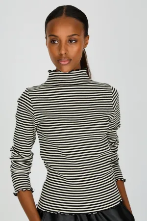 Black and white horizontal stripe ruffle trim turtleneck