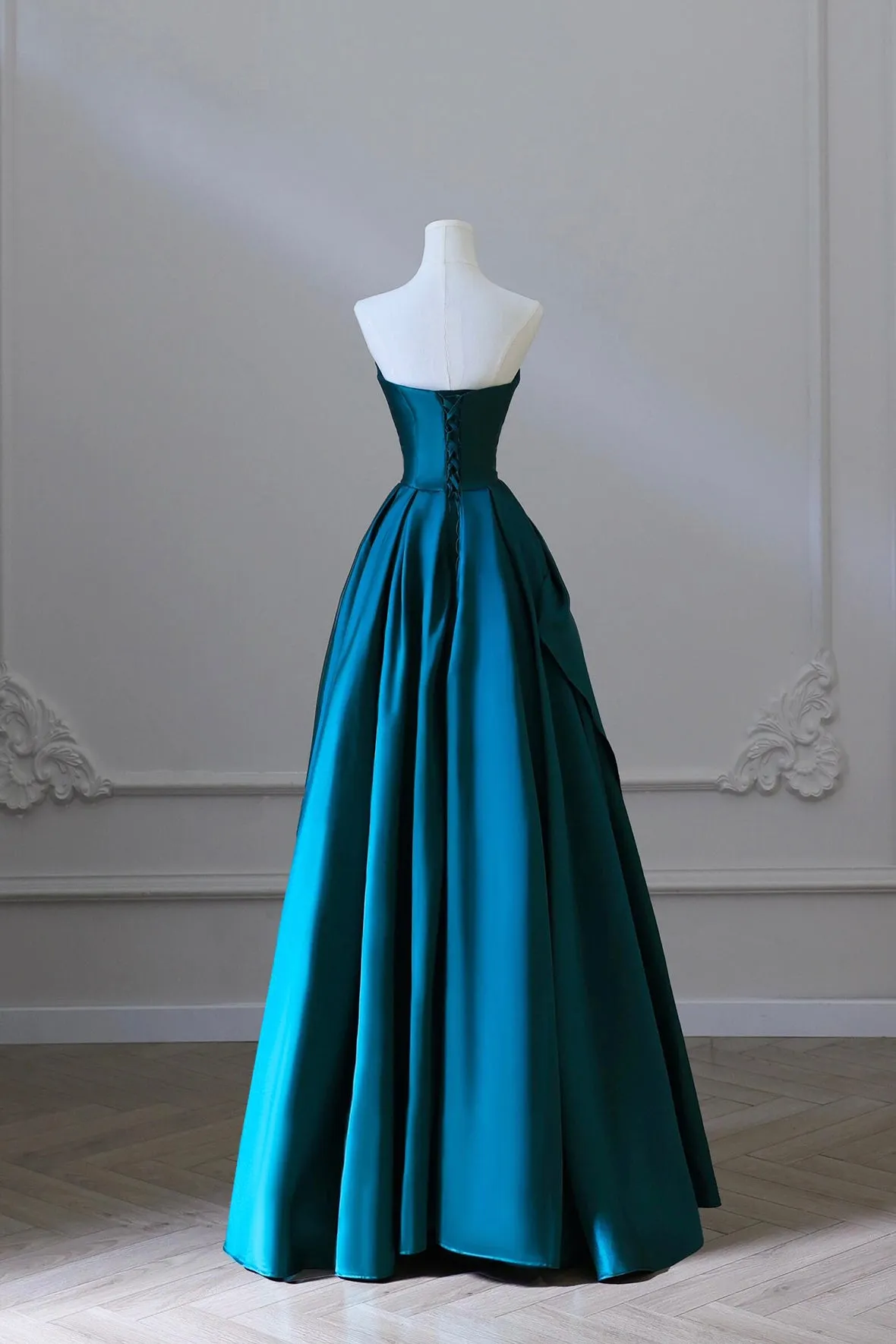 Blue Strapless Satin Long Prom Dress, A-Line Backless Evening Party Dress