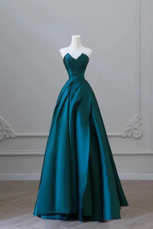 Blue Strapless Satin Long Prom Dress, A-Line Backless Evening Party Dress