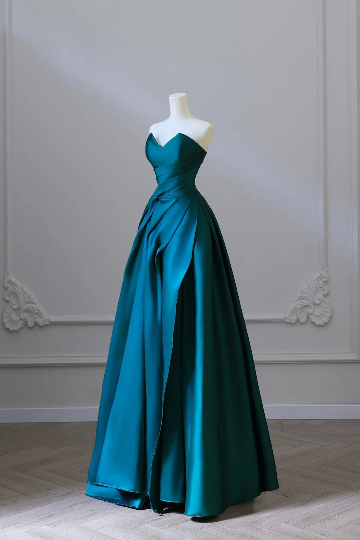 Blue Strapless Satin Long Prom Dress, A-Line Backless Evening Party Dress