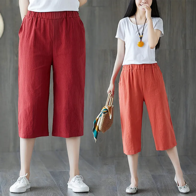 Cotton Cropped Pants Women Summer Blend Art Plus Size Loose Wide Leg Straight Casual Hot