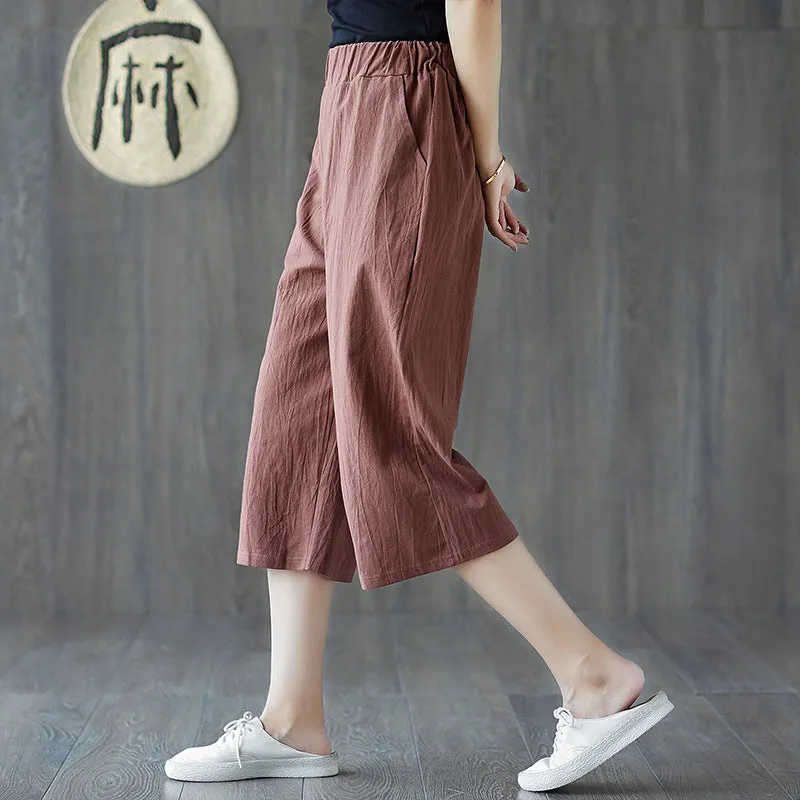 Cotton Cropped Pants Women Summer Blend Art Plus Size Loose Wide Leg Straight Casual Hot