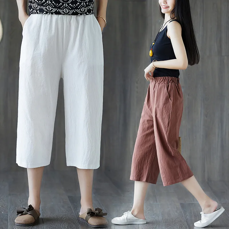 Cotton Cropped Pants Women Summer Blend Art Plus Size Loose Wide Leg Straight Casual Hot
