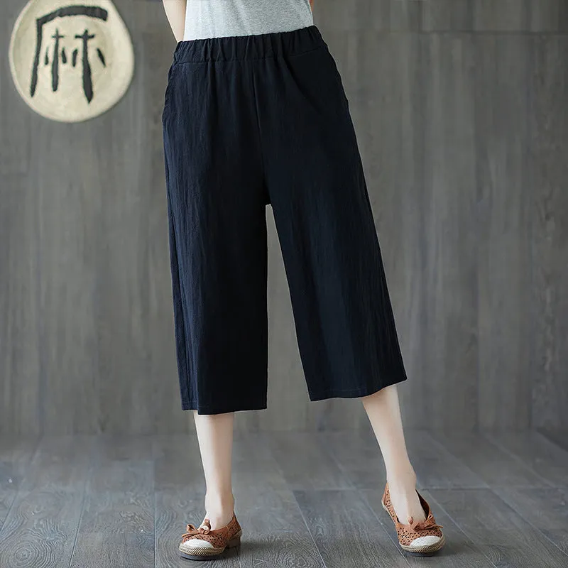 Cotton Cropped Pants Women Summer Blend Art Plus Size Loose Wide Leg Straight Casual Hot