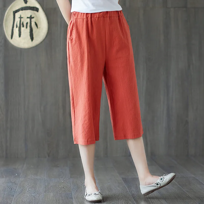 Cotton Cropped Pants Women Summer Blend Art Plus Size Loose Wide Leg Straight Casual Hot