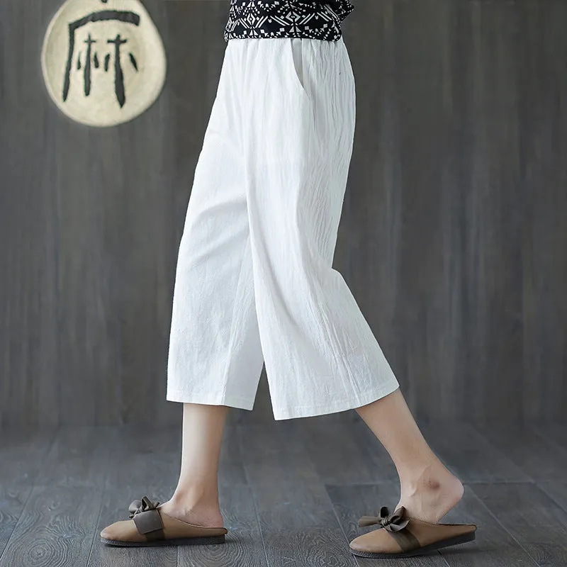 Cotton Cropped Pants Women Summer Blend Art Plus Size Loose Wide Leg Straight Casual Hot