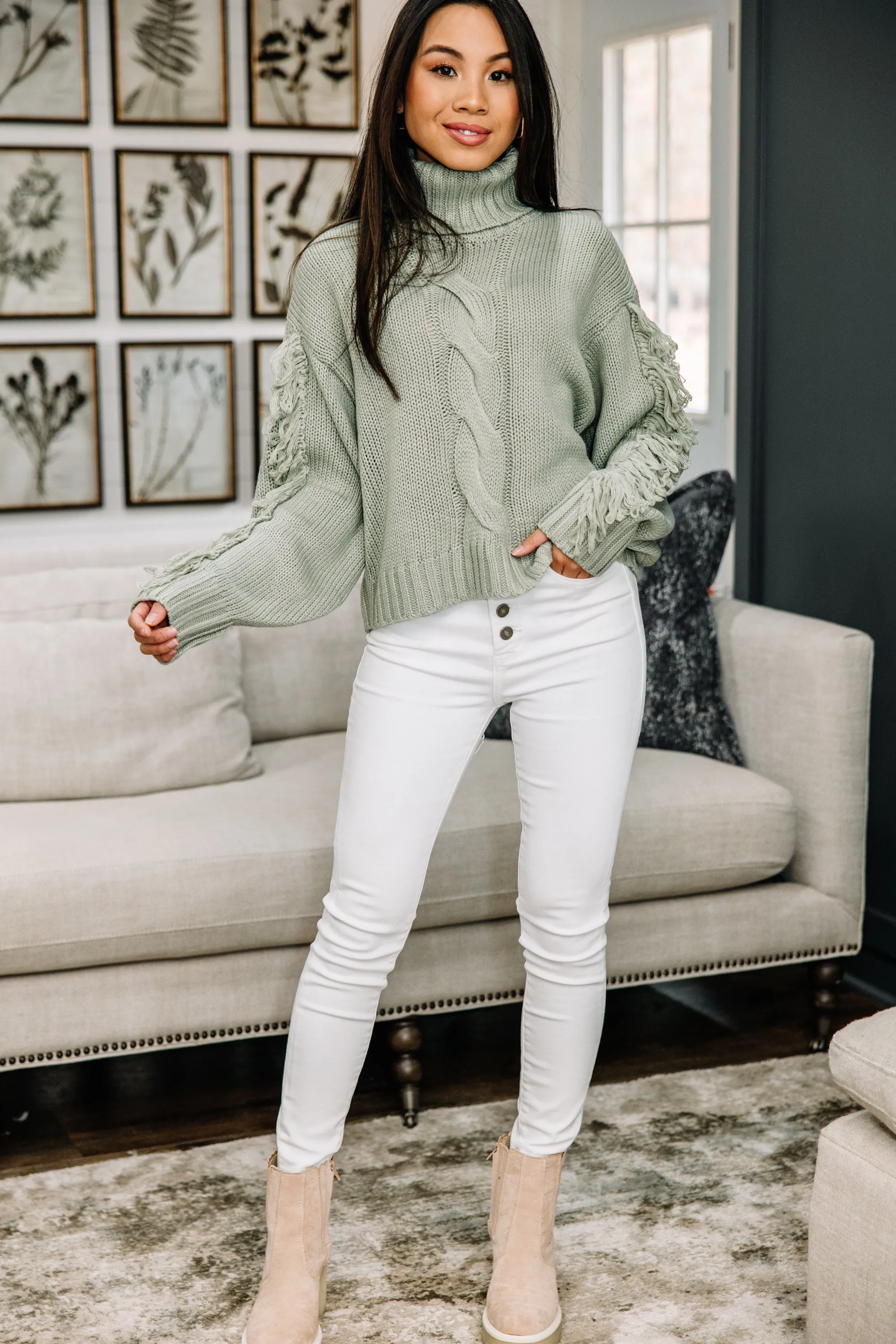 Cozy Creations Sage Green Fringe Sweater