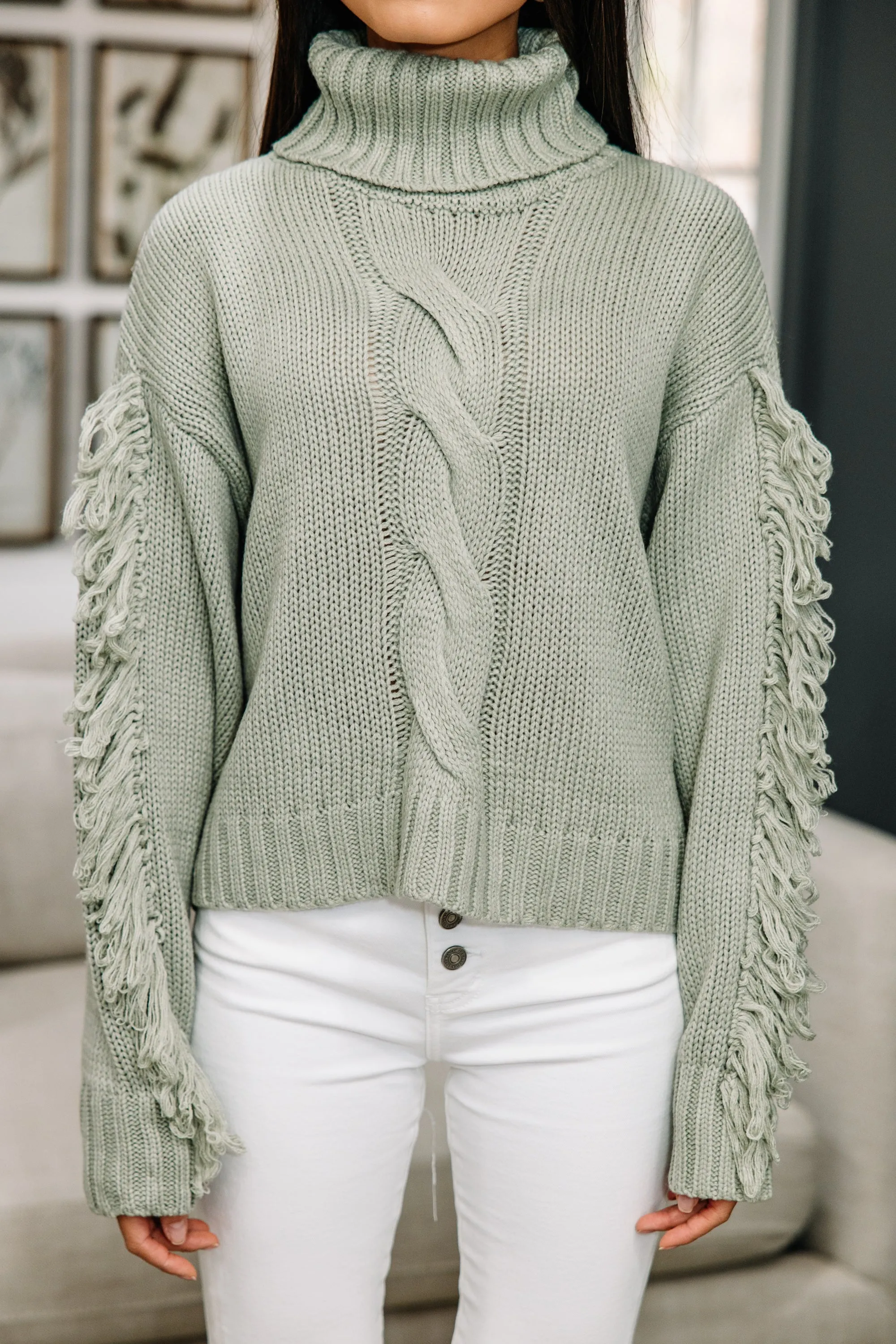 Cozy Creations Sage Green Fringe Sweater