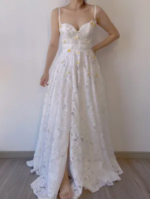 Fairycore Daisy Floral Embroidery V Neck Strap Slit Maxi Dress