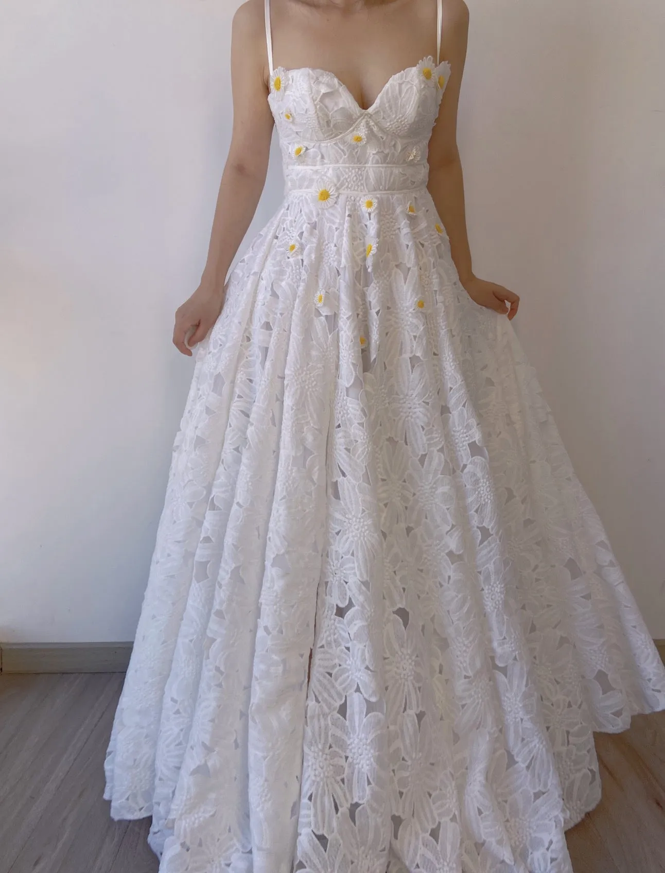 Fairycore Daisy Floral Embroidery V Neck Strap Slit Maxi Dress