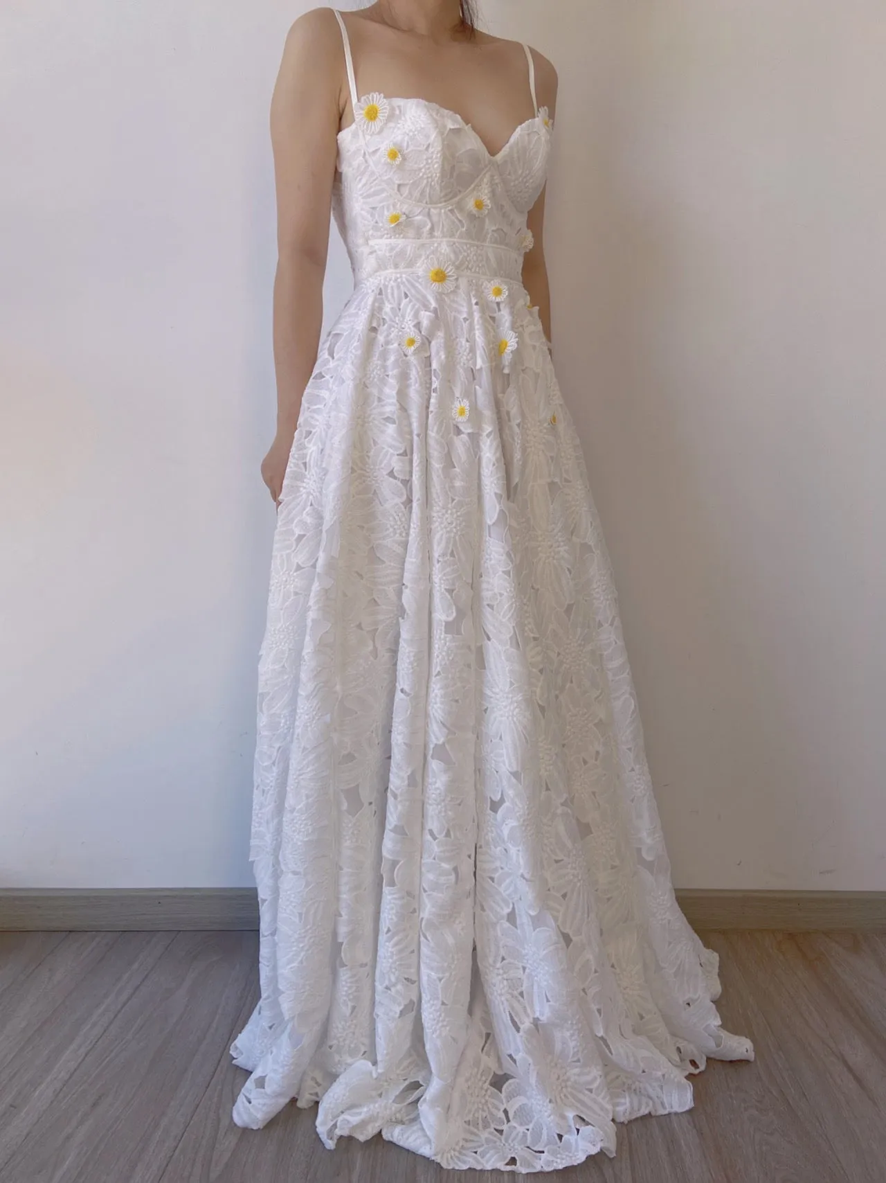 Fairycore Daisy Floral Embroidery V Neck Strap Slit Maxi Dress