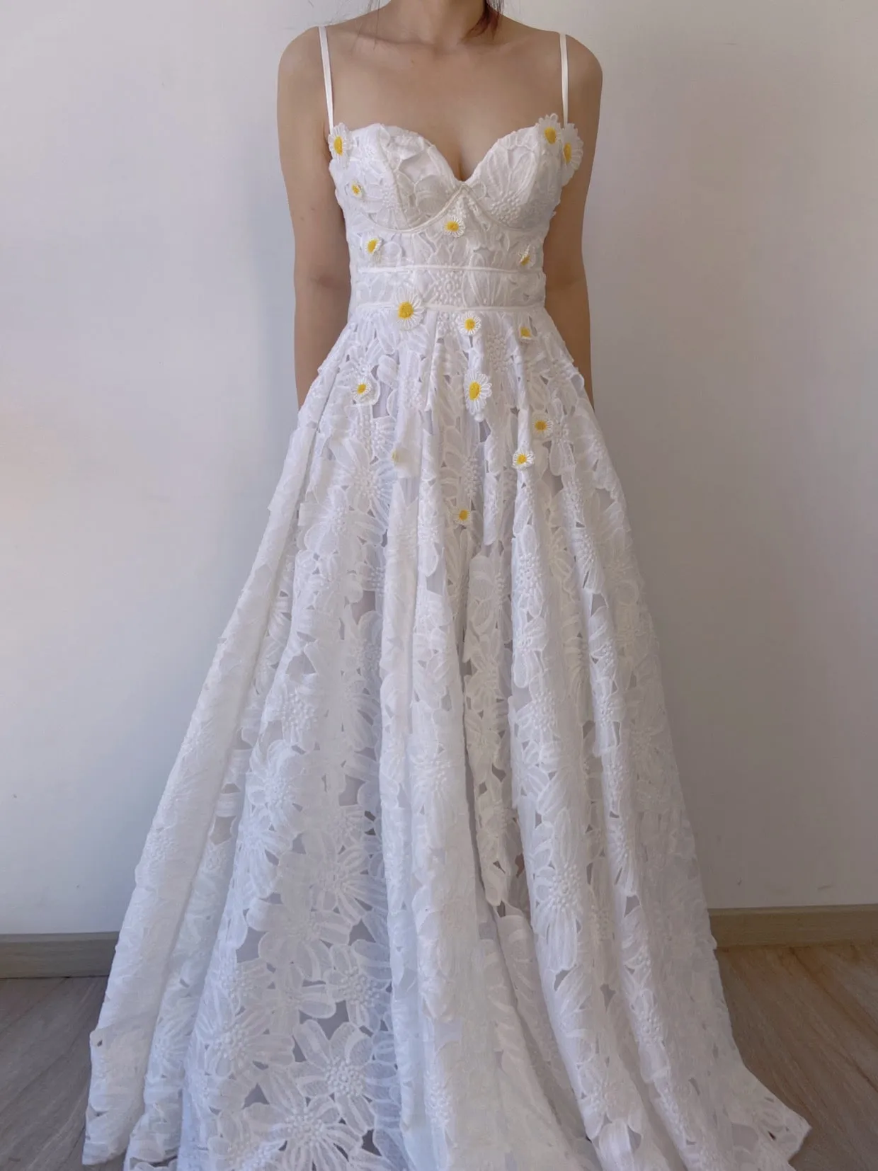 Fairycore Daisy Floral Embroidery V Neck Strap Slit Maxi Dress
