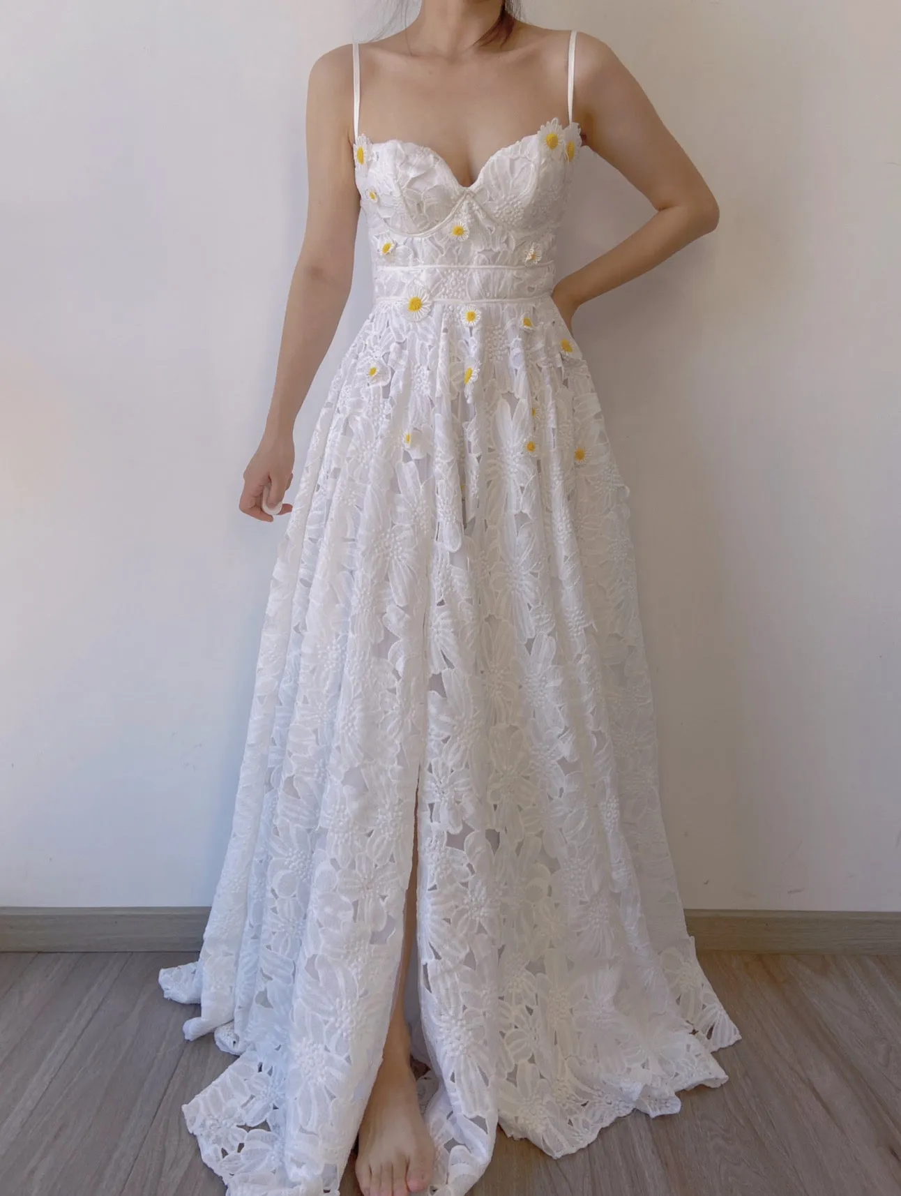 Fairycore Daisy Floral Embroidery V Neck Strap Slit Maxi Dress