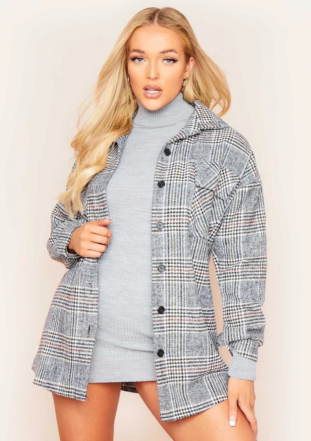 Lara Grey Multi Check Print Oversized Shacket