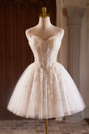 Light Champagne Strapless Tulle Beaded Short Prom Dress, A-Line Sweetheart Neck Party Dress