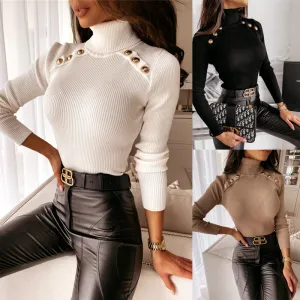 Luna Long Sleeve Solid Threaded Button Turtleneck Top