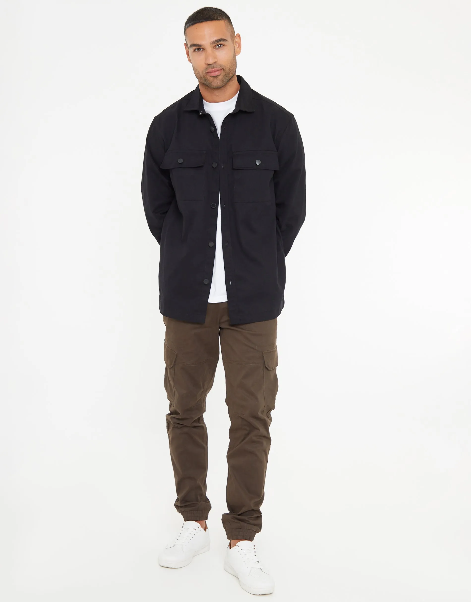 Men's Black Cotton Twill Button Up Shacket
