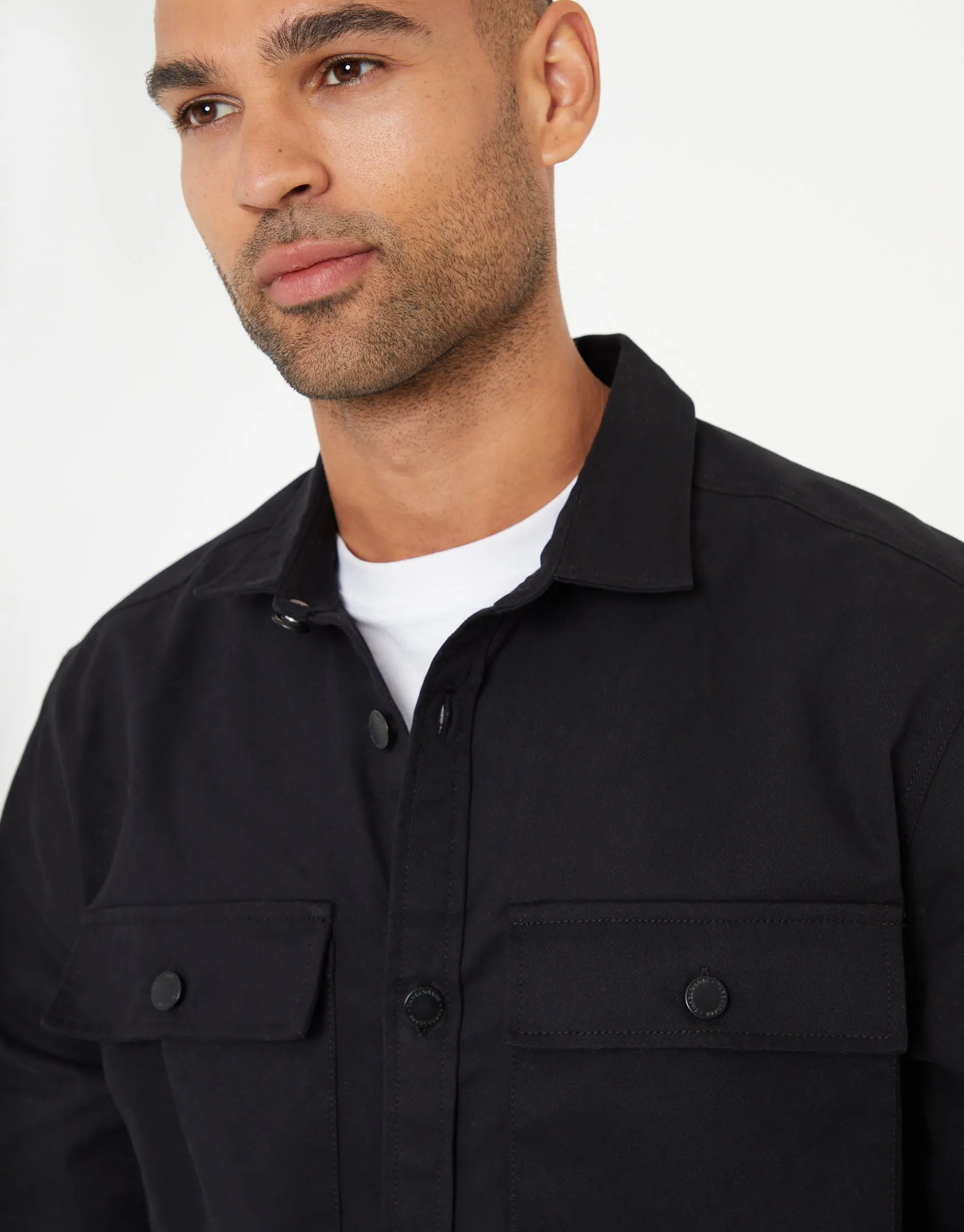 Men's Black Cotton Twill Button Up Shacket