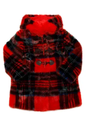 MONNALISA TARTAN PRINT FAUX FUR DUFFLE COAT