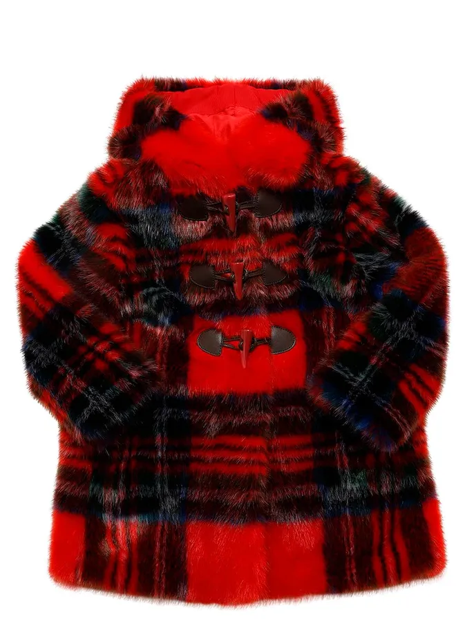 MONNALISA TARTAN PRINT FAUX FUR DUFFLE COAT