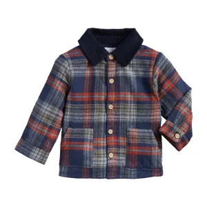 Navy  Orange and Green Plaid Boys Jacket with Corduroy Collar