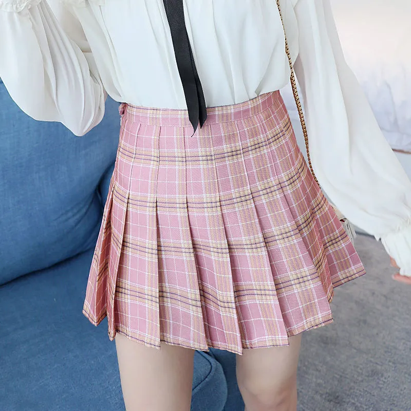 Pleated Women Student Chequered Korean High Waist Black A-Line Skirt
