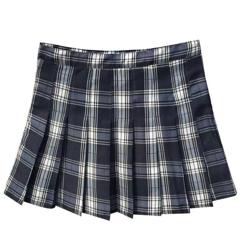 Pleated Women Student Chequered Korean High Waist Black A-Line Skirt