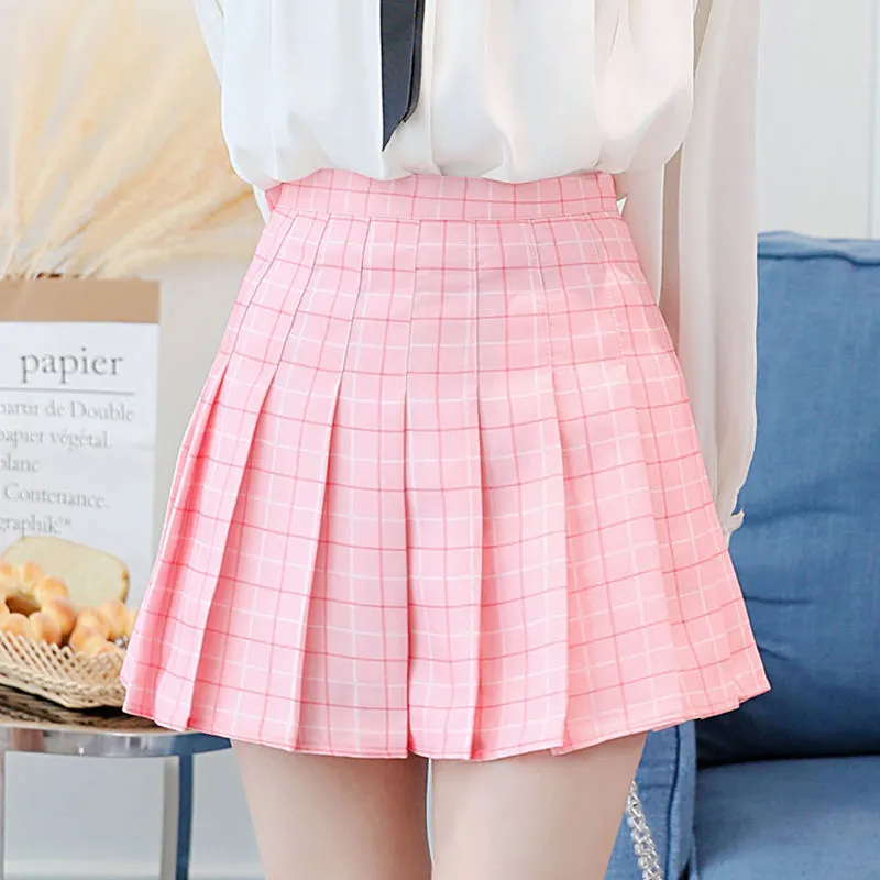 Pleated Women Student Chequered Korean High Waist Black A-Line Skirt