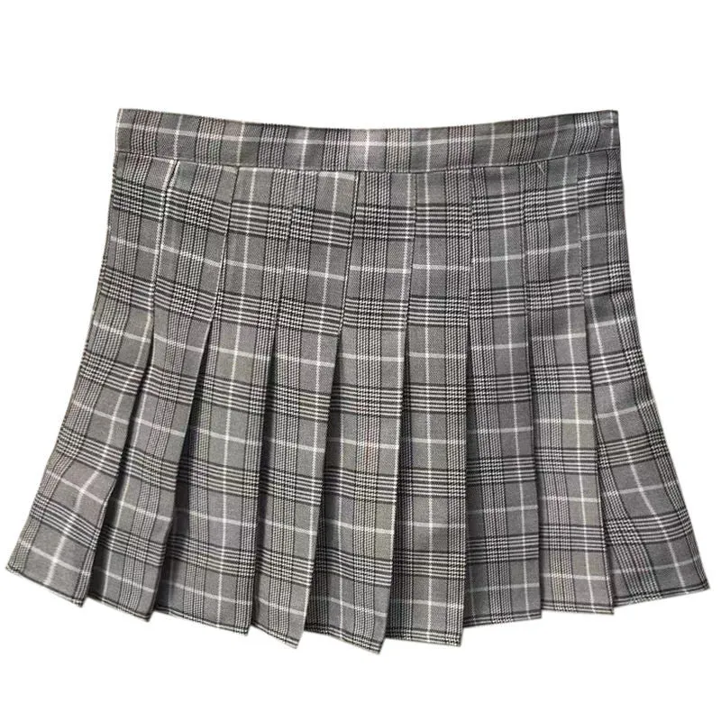 Pleated Women Student Chequered Korean High Waist Black A-Line Skirt