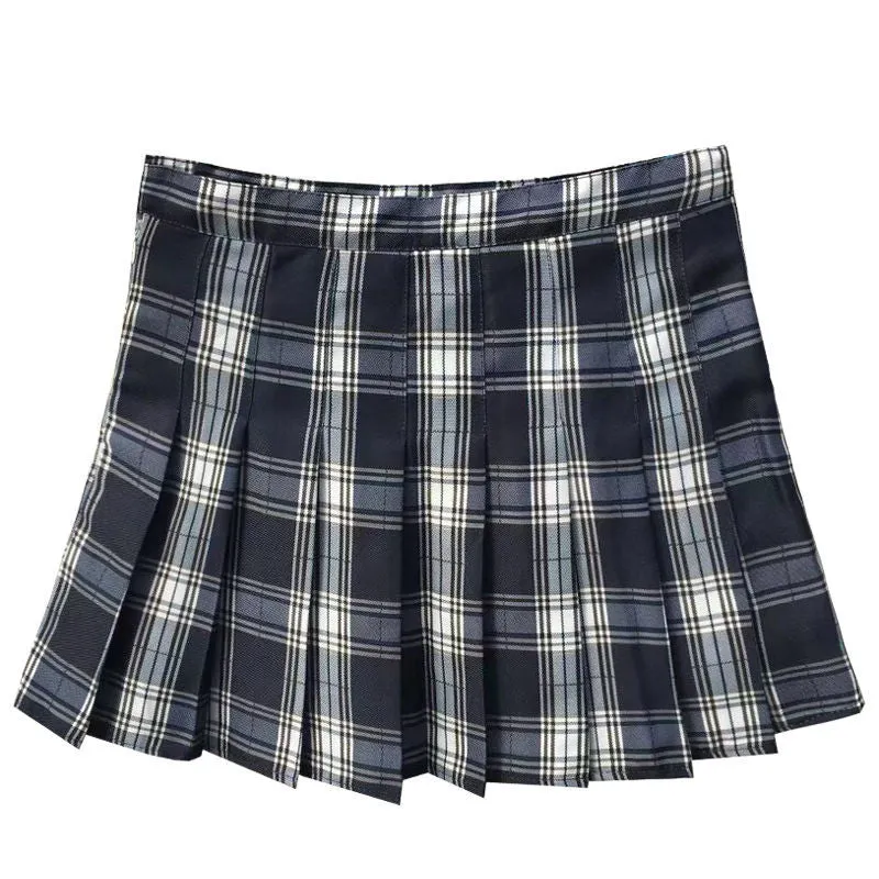 Pleated Women Student Chequered Korean High Waist Black A-Line Skirt
