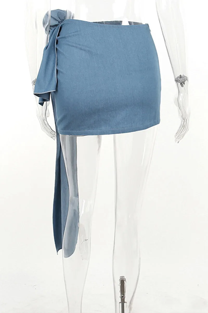 QR3128 Ruffle Rose Denim Skirt