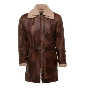 Rust Sherpa Lining Genuine Leather Trench Coat
