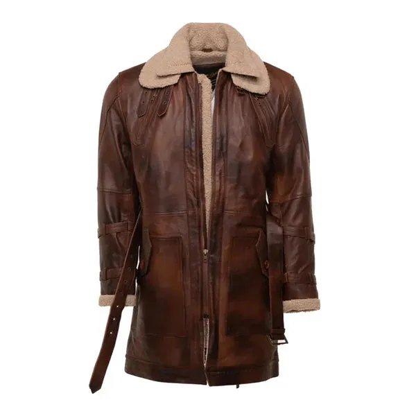 Rust Sherpa Lining Genuine Leather Trench Coat