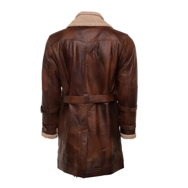 Rust Sherpa Lining Genuine Leather Trench Coat
