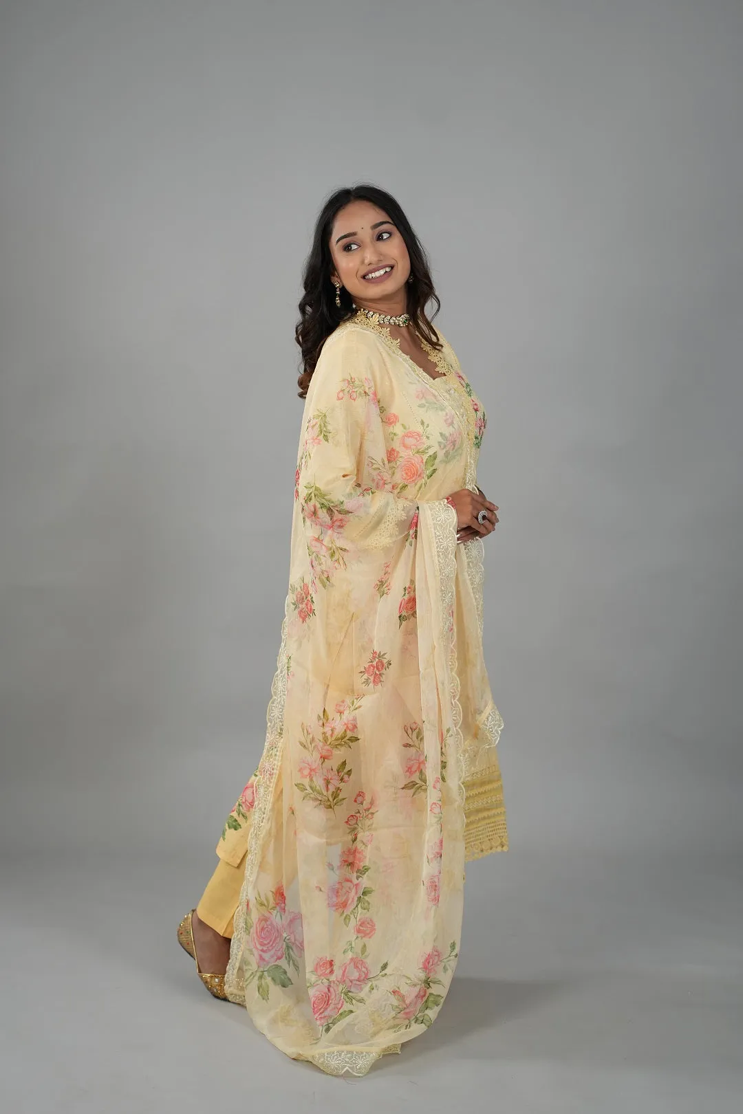 Satrangi Women's Mustered Yellow Printed Dress & Mustered Yellow Pant Set in VISCOSE