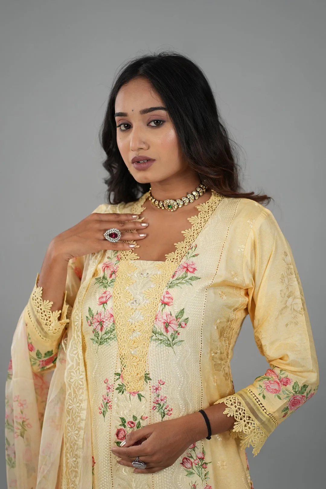 Satrangi Women's Mustered Yellow Printed Dress & Mustered Yellow Pant Set in VISCOSE