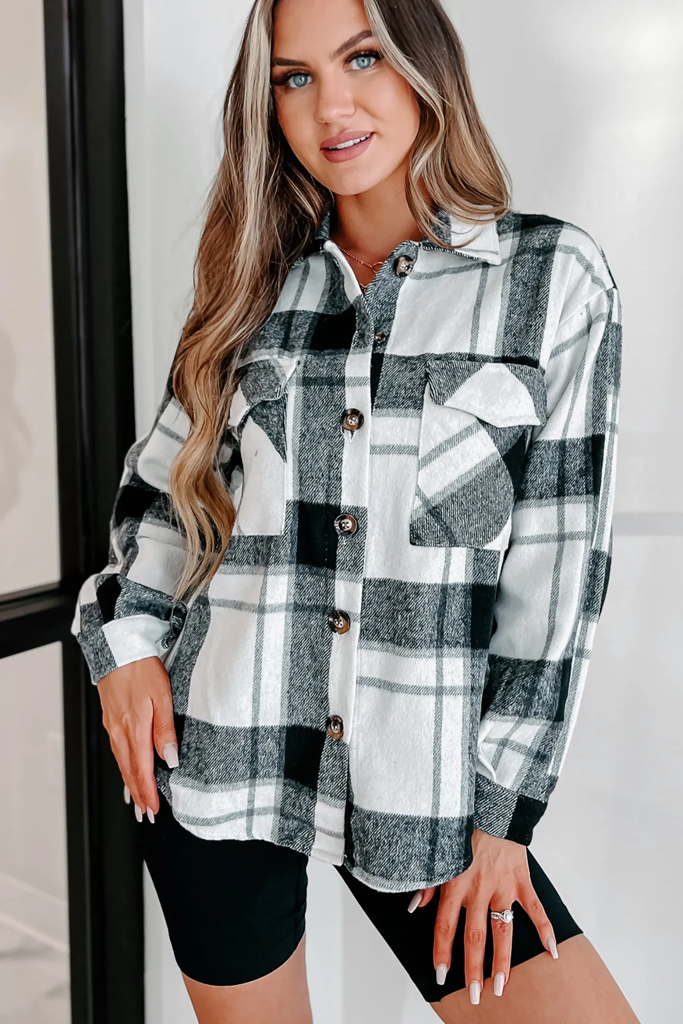 Short On Patience Plaid Shacket (Black)
