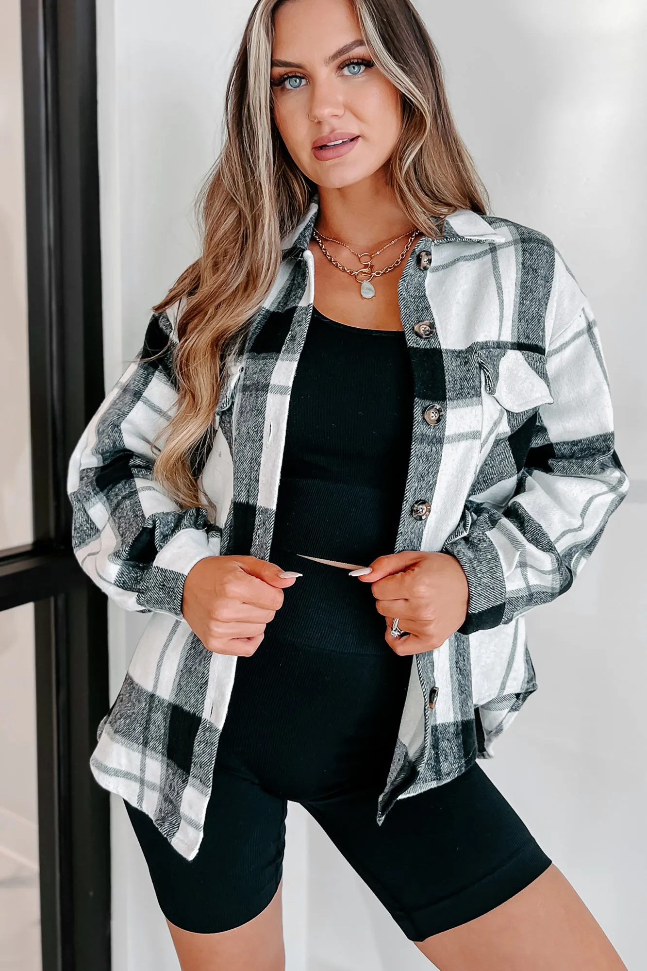 Short On Patience Plaid Shacket (Black)