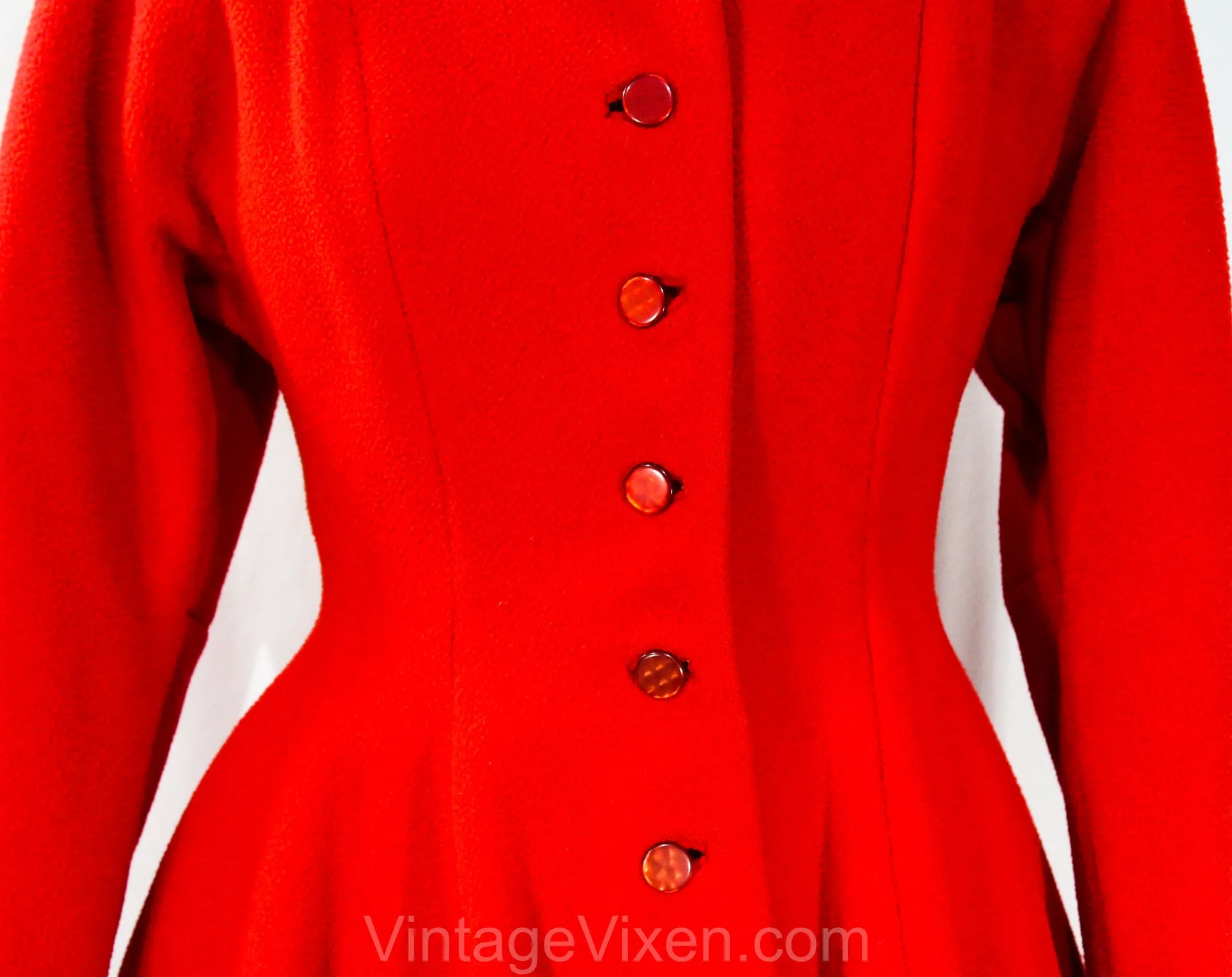 Size 12 Red Princess Coat - Beautiful Authentic 1950s Large Winter Wool Overcoat with Full Skirt & Shotcloth Lining - 50s Glam - Waist 29.5
