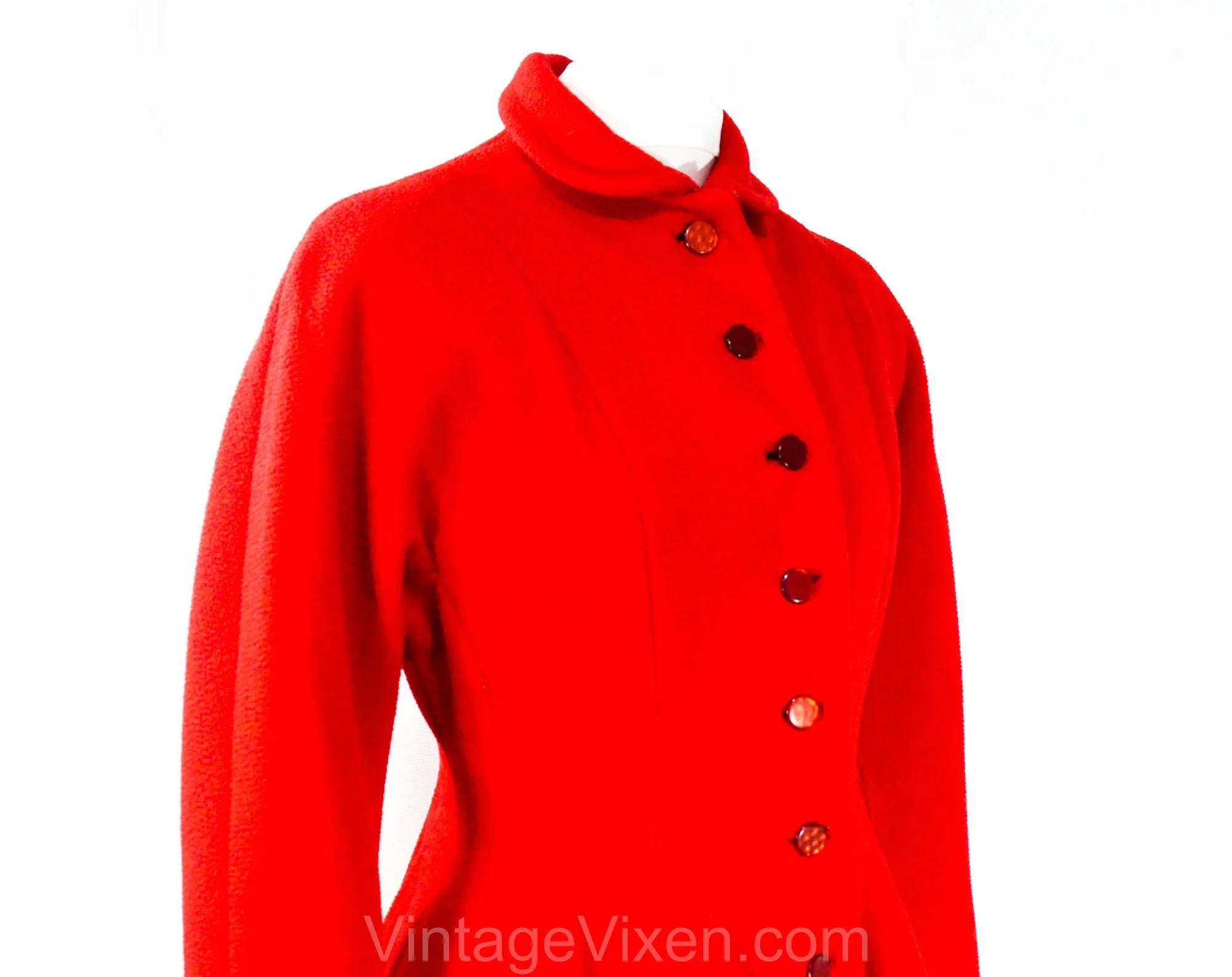 Size 12 Red Princess Coat - Beautiful Authentic 1950s Large Winter Wool Overcoat with Full Skirt & Shotcloth Lining - 50s Glam - Waist 29.5
