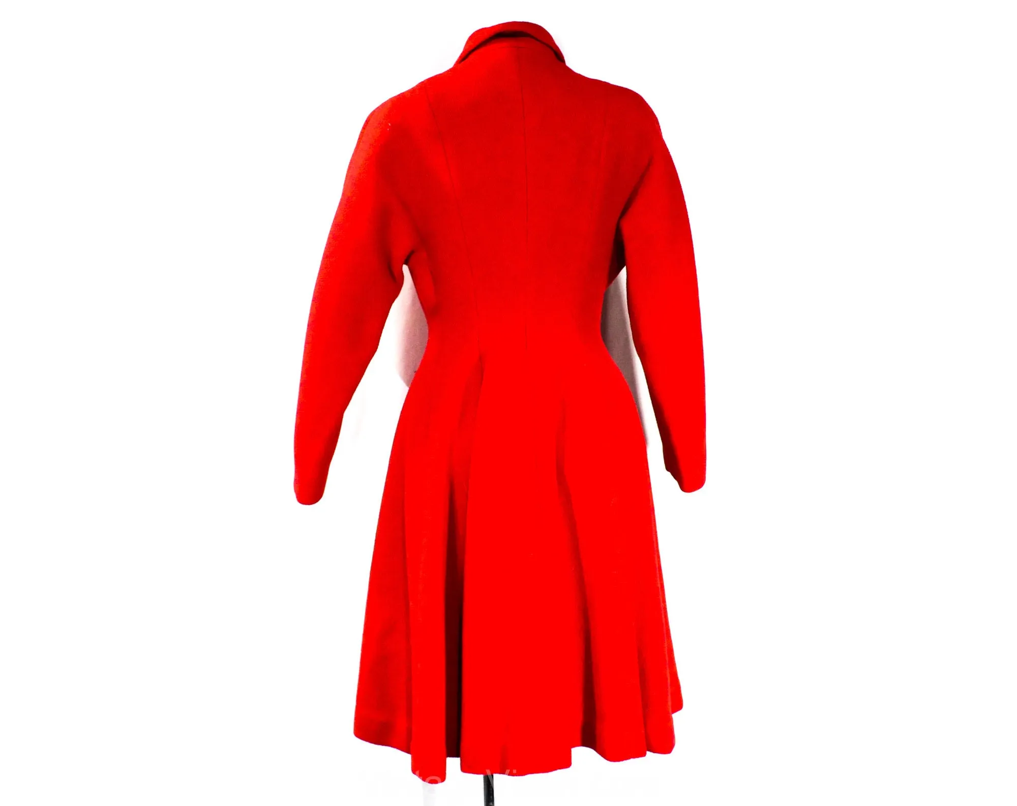 Size 12 Red Princess Coat - Beautiful Authentic 1950s Large Winter Wool Overcoat with Full Skirt & Shotcloth Lining - 50s Glam - Waist 29.5
