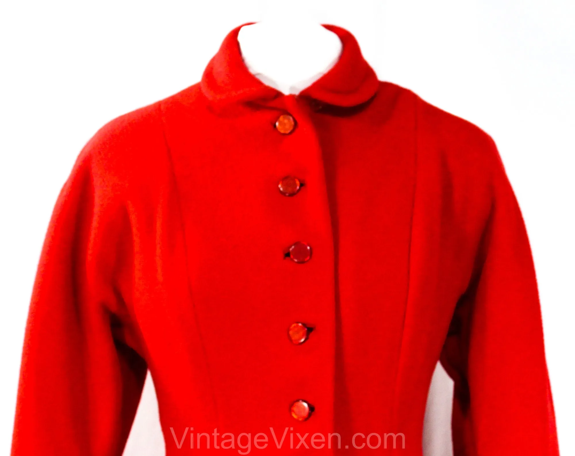 Size 12 Red Princess Coat - Beautiful Authentic 1950s Large Winter Wool Overcoat with Full Skirt & Shotcloth Lining - 50s Glam - Waist 29.5