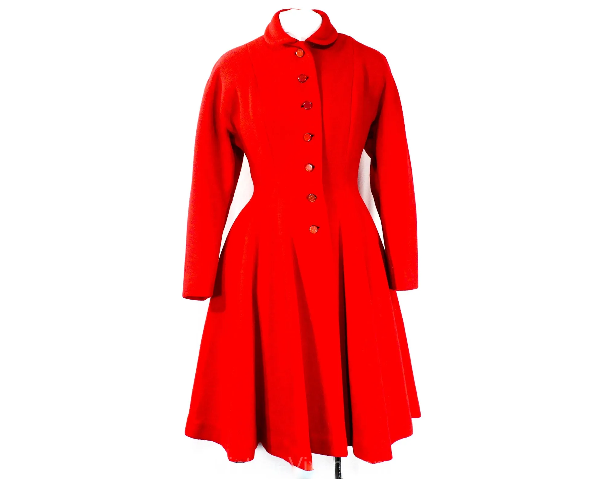 Size 12 Red Princess Coat - Beautiful Authentic 1950s Large Winter Wool Overcoat with Full Skirt & Shotcloth Lining - 50s Glam - Waist 29.5