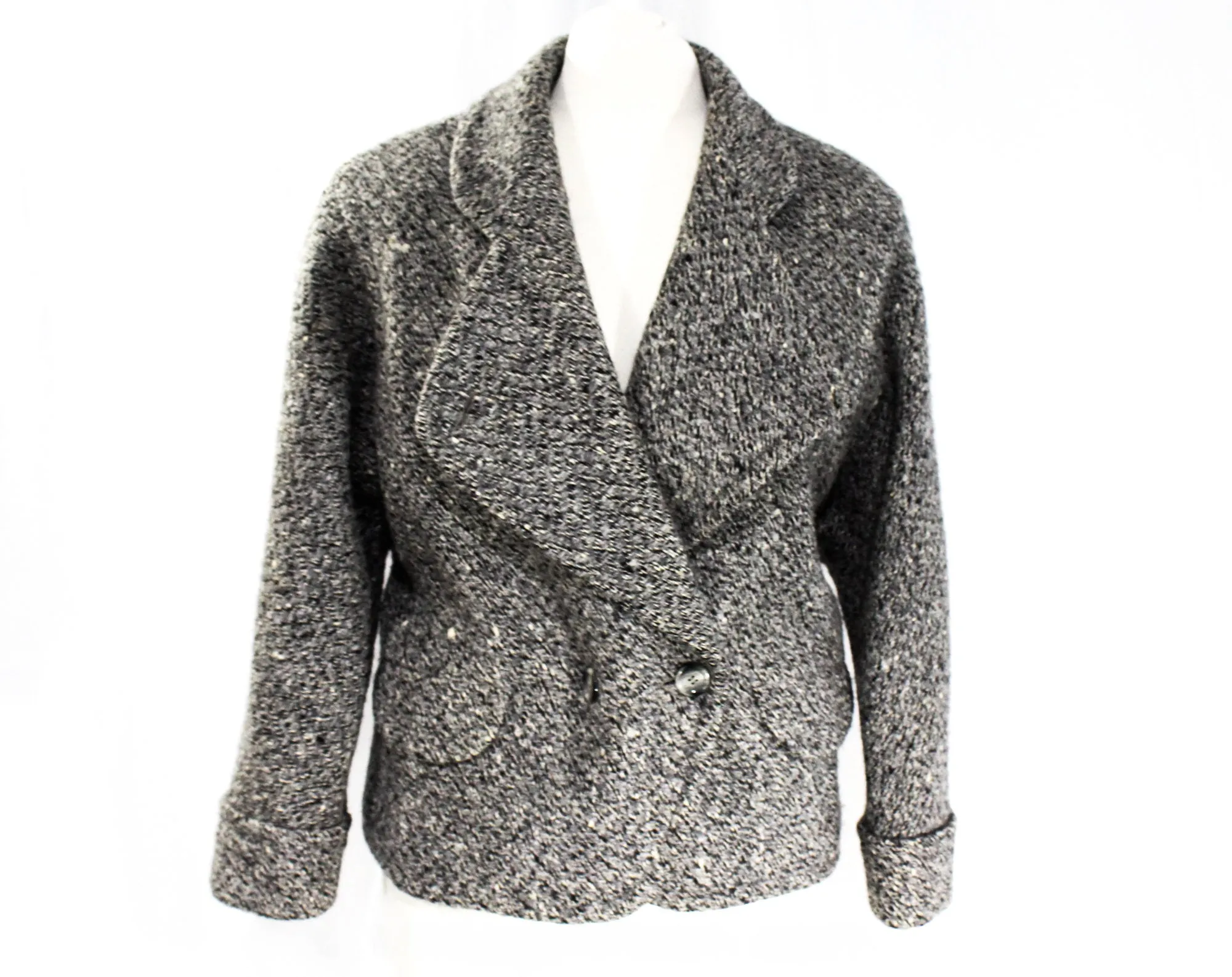 Size 8 Gray Wool Coat - Retro 1980s 90s Tweed Jacket - Medium Flecked Woolen Winter Blazer - Big Lapels - Waist Pockets - Made in Germany