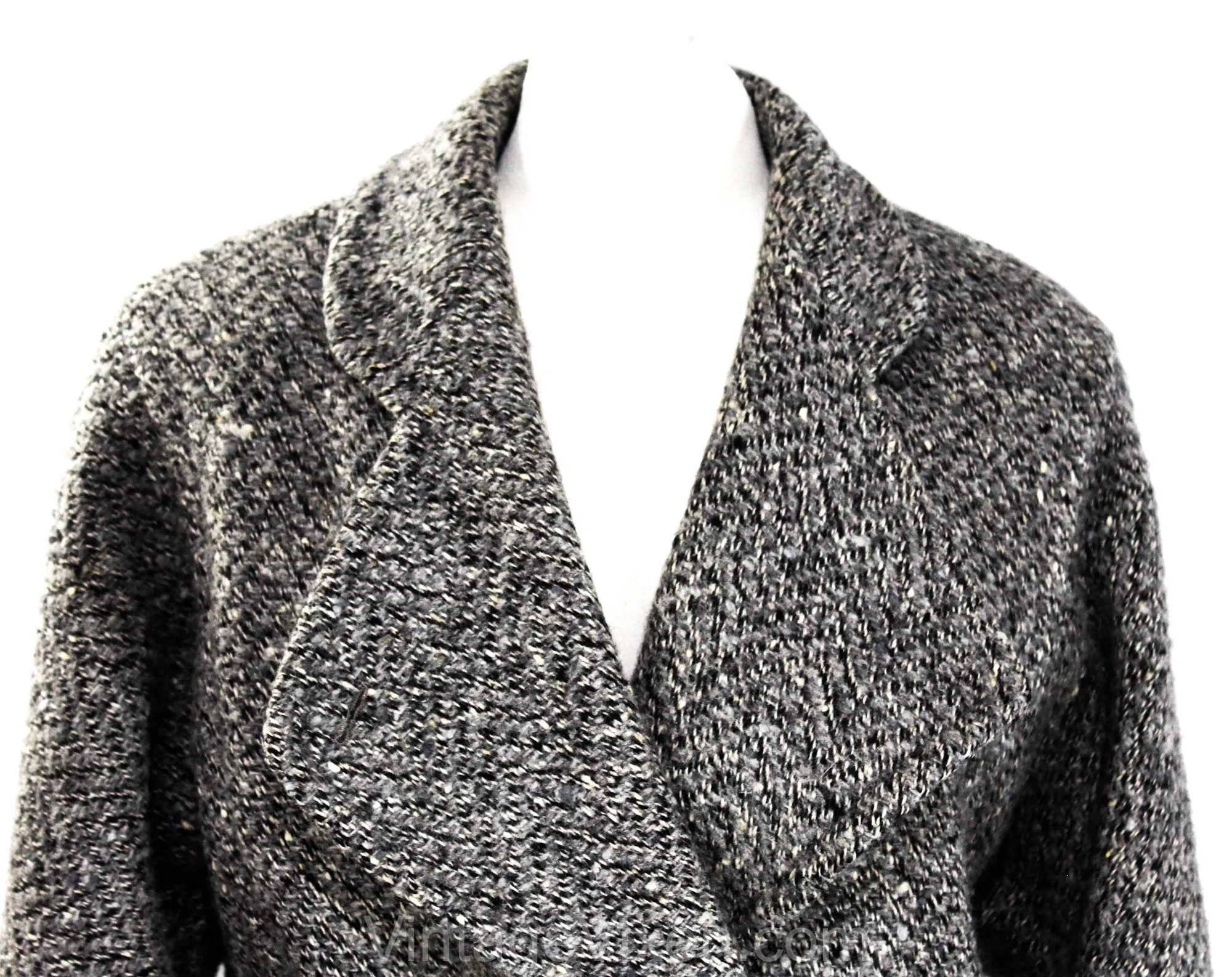 Size 8 Gray Wool Coat - Retro 1980s 90s Tweed Jacket - Medium Flecked Woolen Winter Blazer - Big Lapels - Waist Pockets - Made in Germany