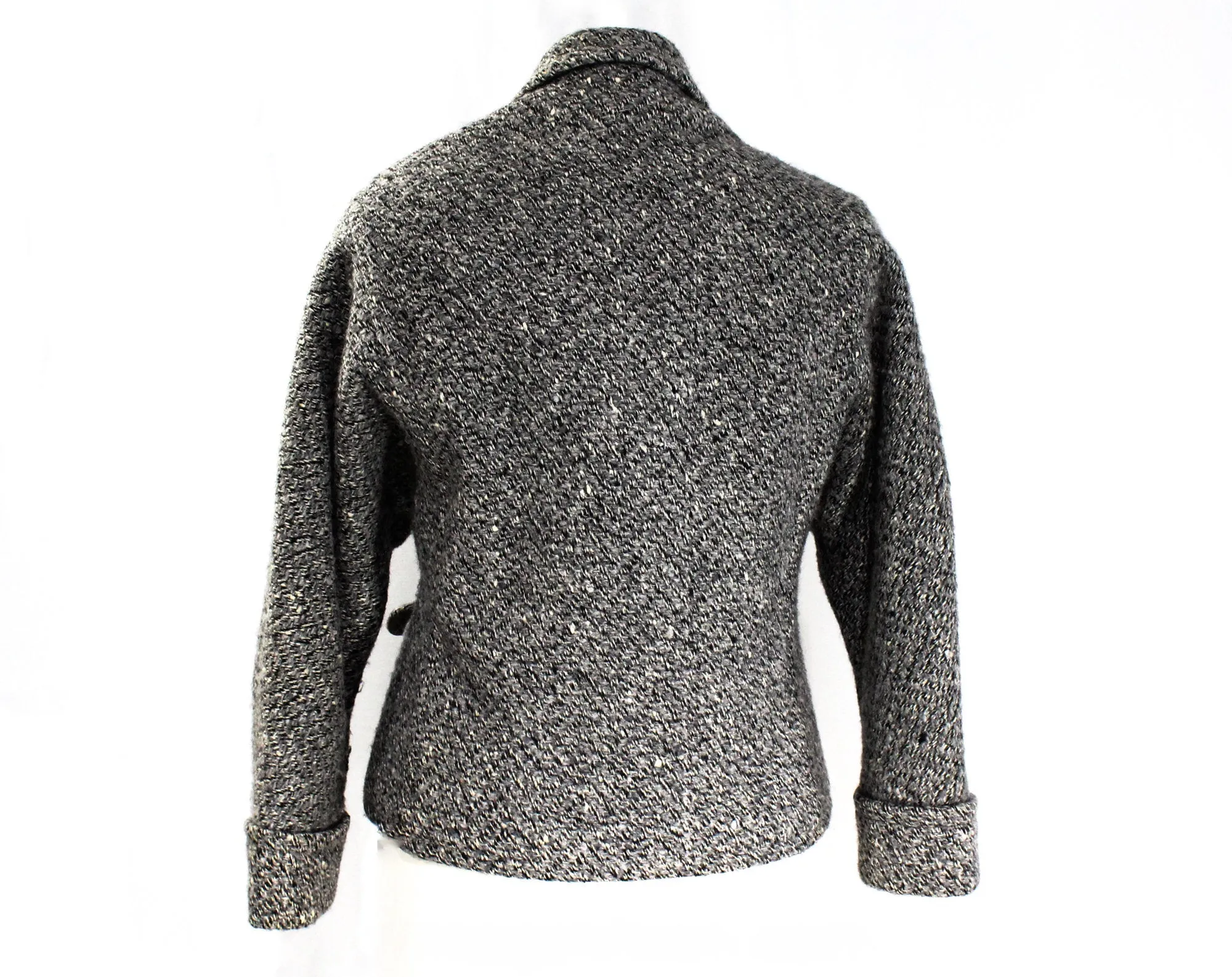 Size 8 Gray Wool Coat - Retro 1980s 90s Tweed Jacket - Medium Flecked Woolen Winter Blazer - Big Lapels - Waist Pockets - Made in Germany