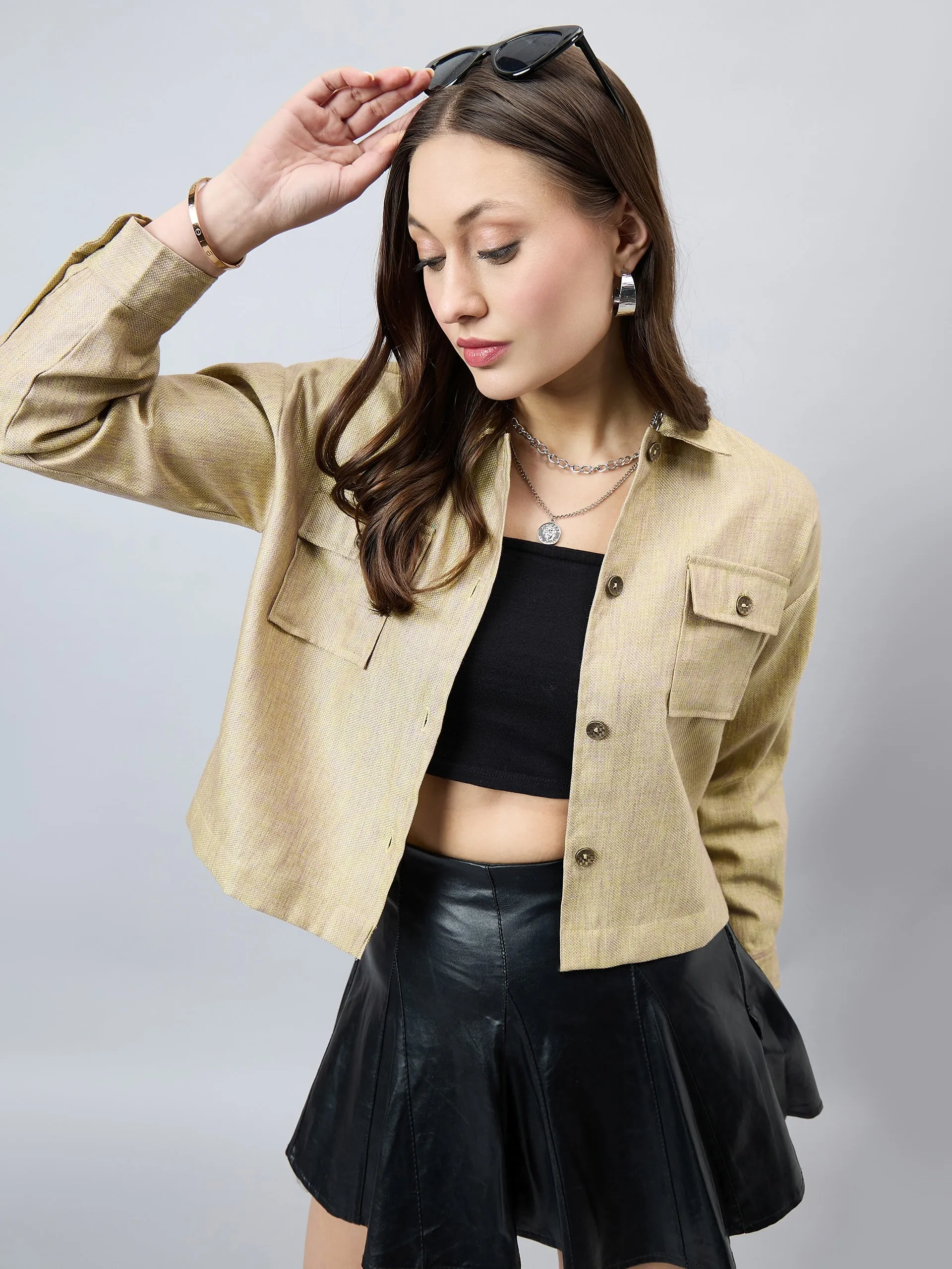 Style Quotient Women Solid Lime Green and Mauve Polycotton casual Shacket