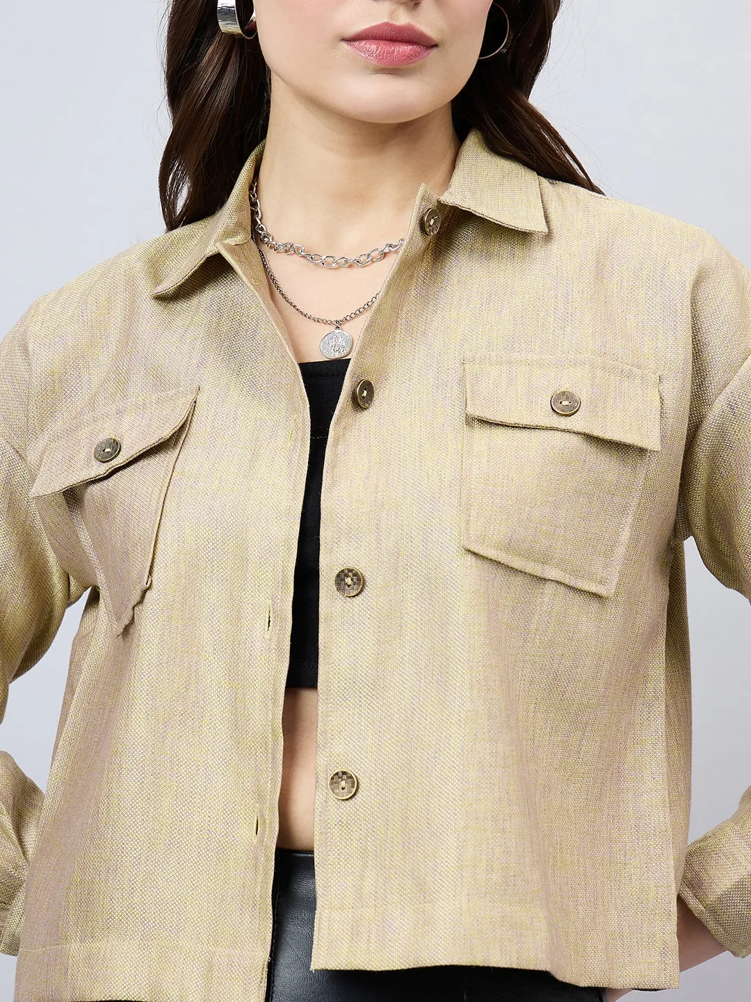 Style Quotient Women Solid Lime Green and Mauve Polycotton casual Shacket